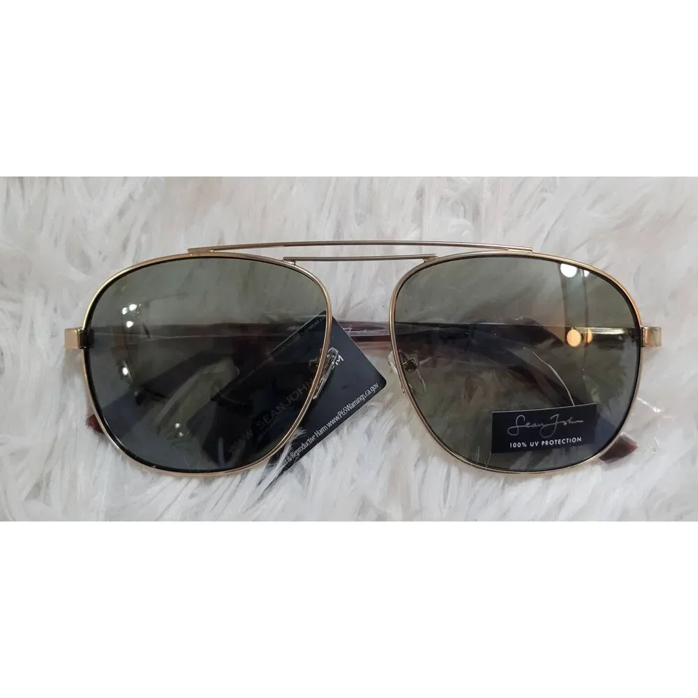 SEAN JOHN Gold Mens Aviator Sunglasses 100% UV Protection New